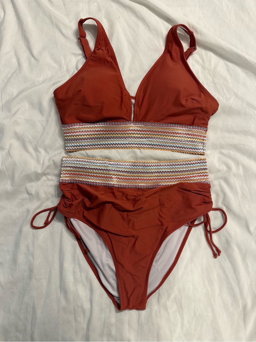 NWOT Clay Terracotta Rust Red Bikini Swimsuit with High Waist Striped Waistband
